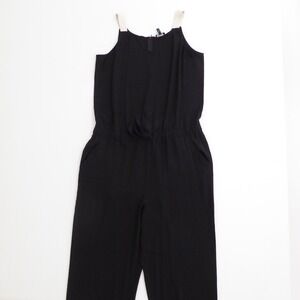 Eileen Fisher Womens Jumpsuit Black Silk Tie Waist Wide Leg Sleeveless Large